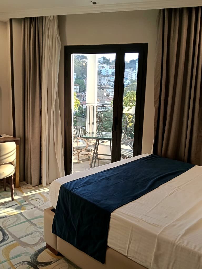 Chambre avec balcon de l'Hôtel Printania à Alger, porte-fenêtre ouverte sur les toits de Telemly