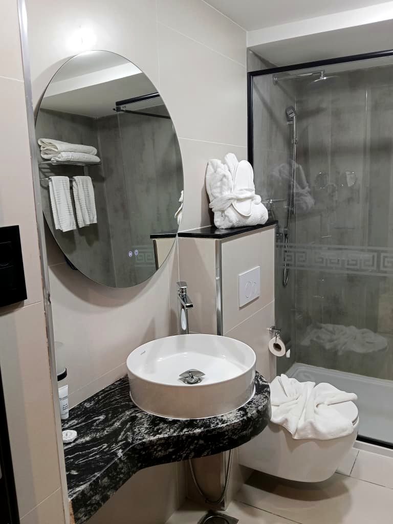 Chambre double de l'Hôtel Printania à Alger, grand lit et tête de lit en velours vert